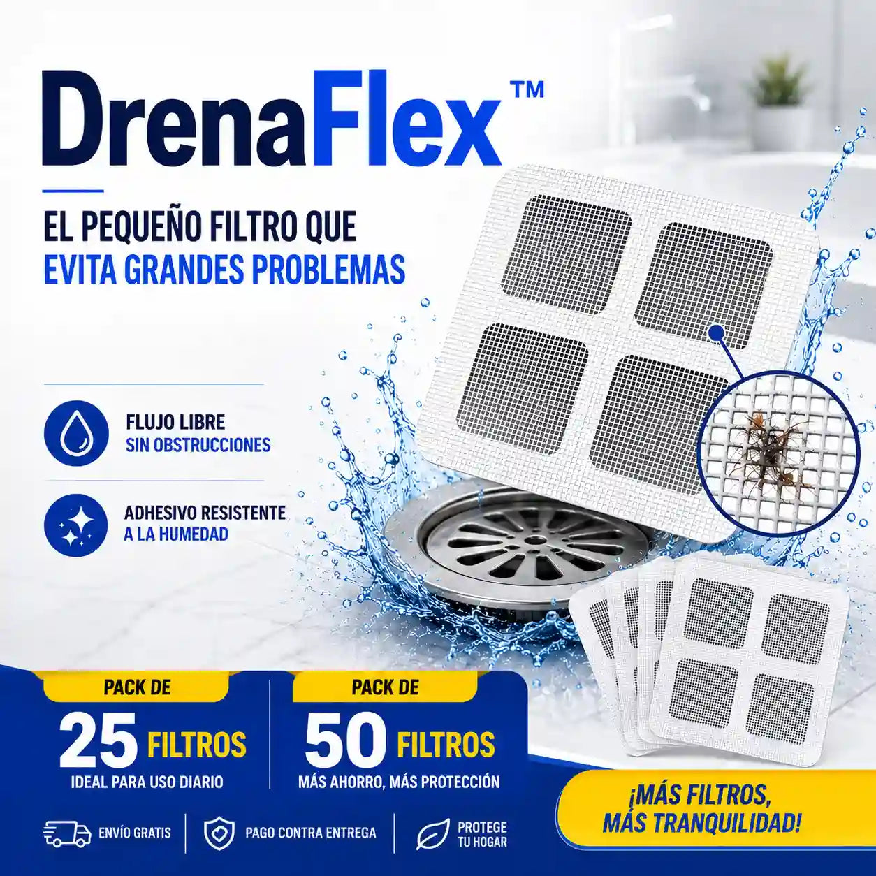 DrenaFlex™ | Filtros desechables para tu desagüe que evitan obstrucciones